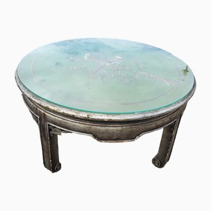 Round Coffee Table with Polychrome Bird Drawing on Glass