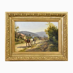 Clément Quinton, Paesaggio con cavalli, 1880, Olio su tela, con cornice