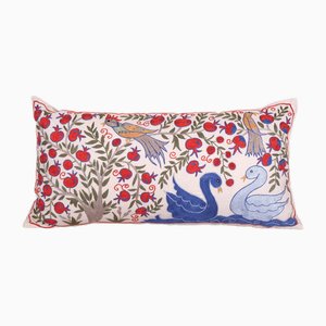 Longue Housse de Coussin Suzani Bleue avec Motif Animal, Ouzbek, 2010s