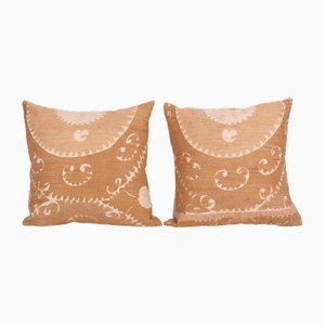 Uzbek Coffee Brown Embroidery Cushion Covers, 2010s, Set of 2