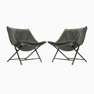 Set of Folding Lounge Chairs in Black Leather attributed to Teun van Zanten for Molinari, 1970s