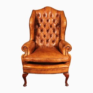 English Queen Anne Leather Wing Armchair