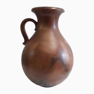 Jarrón vintage grande con asa de cerámica jaspeada marrón, años 70
