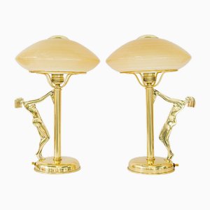 Art Deco Tischlampen mit Glasschirmen, 1920er, Frankreich, 2er Set