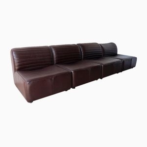 Modular Brown Leather Sofa, 1970s, Set of 4
