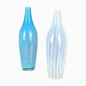 Vases Bleus et Blancs Soufflés à la Main par Leerdam, 1960s, Set de 2