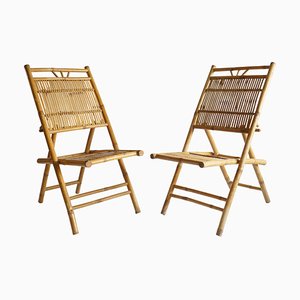 Italian Foldable Chairs in Bamboo and Rattan, 1970s, Set of 2
