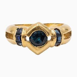 Anello vintage in oro giallo 18k con zaffiri blu, anni '70