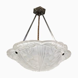 Art Deco French Frosted White Glass Pendant Light by Degué, David Gueron, 1930s