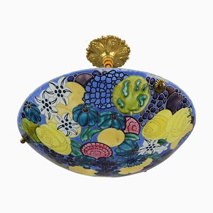 Art Nouveau French Pendant Light with Enameled Flowers and Fruits from Fargue, 1930s