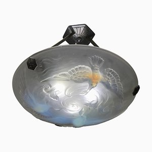 Art Deco French Opalescent Glass Pendant Light with Kingfishers and Fishes, 1930s