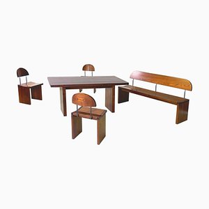 Mesa de comedor, sillas y banco italianos modernos de madera, años 80. Juego de 5