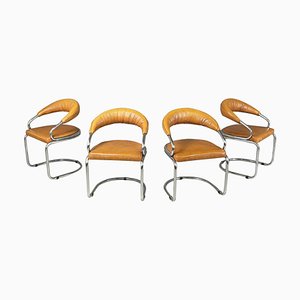 Italian Modern Dining Chairs in Light Brown Leather and Chromed Metal, 1970s, Set of 4