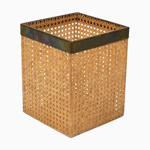 Italian Waste Paper Basket in Rattan and Brass from Christian Dior, 1970s