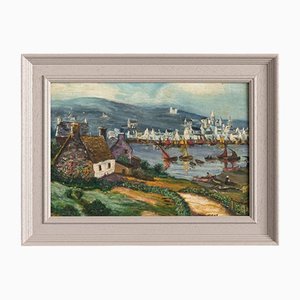 French School Artist, Port Audierne, Oil on Panel, Mid-20th Century, Framed