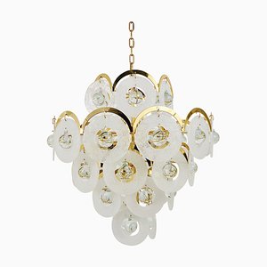 Large Murano Glass Disc Brass Chandelier, Italy, 1970s