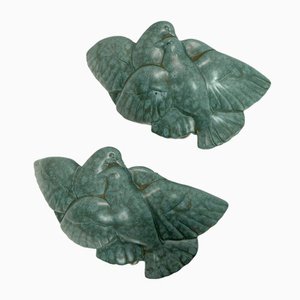 Art Deco Dove Wall Sconces in Green Ceramic, France, 1930s, Set of 2