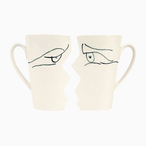 White Ceramic Kissing Mugs by Studio Zwartjes, Set of 2