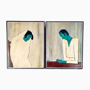 Sergio Zorzenon, Modernist Figures, Oil Paintings on Wood, 1957, Set of 2