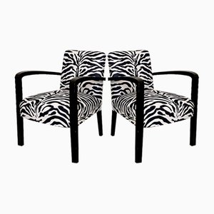 Art Deco French Armchairs in Black Wood and Zebra Fabric, 1930s, Set of 2