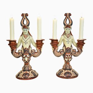 19th Century Majolica Demon Candelabras by Cantagalli, Italy, Set of 2