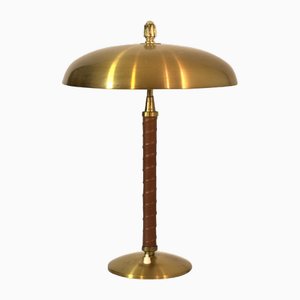 Large Swedish Grace Brass and Leather Table Lamp by Einar Bäckström, 1930s