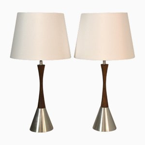 Lámparas de mesa suecas modernas de aluminio cepillado y teca de Bergboms. Juego de 2
