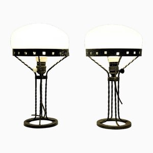 Lampes de Bureau Art Noueau en Fer Forgé et Verre Soufflé, Suède, 1915, Set de 2