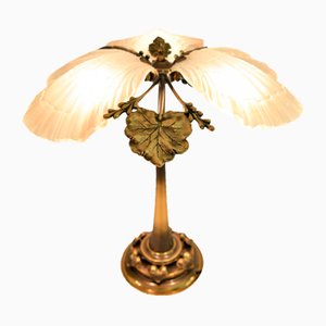 Lampada da tavolo Art Nouveau in bronzo e vetro satinato, anni '50