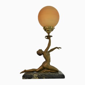 Lampada da tavolo Art Déco in bronzo, metallo patinato e marmo, anni '30