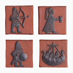Baldosas de cerámica danesas con motivos vikingos de Thyssen, años 60. Juego de 4