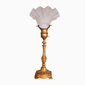 Early 20th Century Table Lamp in Gilded Bronze, Bobbèche in Transparent Glass