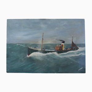 William Thomas, Naive Maritime Scene with Steamship, Early 20th Century, Oil on Board