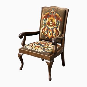 Victorian Oak Gentlemans Library Armchair with Coat of Arms Tapestry