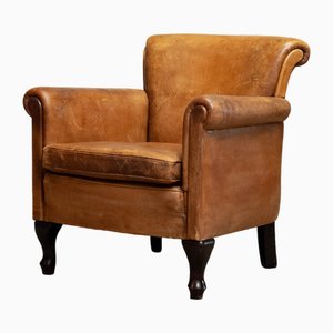 French Art Deco Brown / Tan Sheep Leather Roll Back Club Chair, 1960s