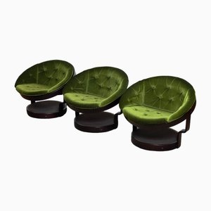 Sillones giratorios modelo Convair circular de terciopelo verde atribuidos a Oddmund Vad, años 70. Juego de 3