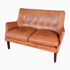 Cognac Leather Two-Seater Sofa attributed to Arne Vodder and Ivan Schlechter, Denmark, 1953