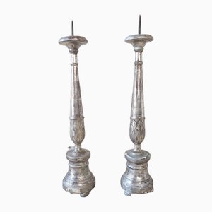 18th Century Carved Wood and Silver Plated Church Candlesticks, Set of 2
