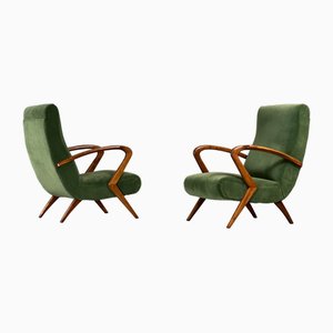 Armchairs in Wood and Green Velvet, Set of 2