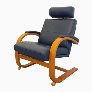 Vintage Scandinavian Blue Leather and Light Wood Armchair from Nelo Sweden, 1970s-1980s