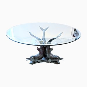 Table Basse en Bronze et Verre de Cristal avec Socle Dauphin, 1970s