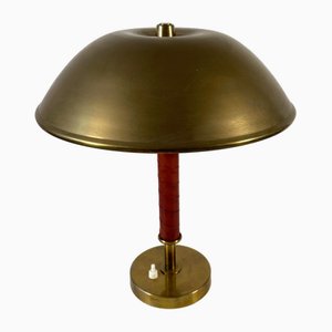 Swedish Modern Brass and Leather Desk Lamp by Harald Notini for Böhlmarks, 1950s