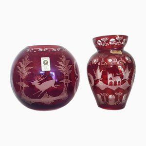 Vases Bohème Rouge Rubin avec Motif Forêt, Set de 2