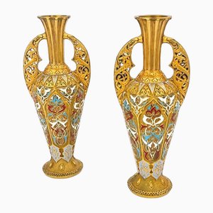 Alhambra Vasen aus Champlevé Emaille Bronze von Emile Philippe, 2er Set
