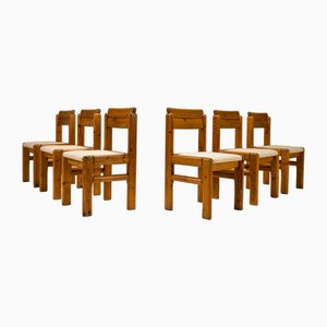 Dining Chairs in Pine and Sheep Curl Bouclé, France, 1970s, Set of 6