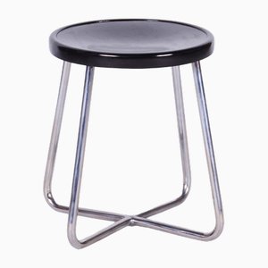 Tabouret Bauhaus Noir en Hêtre & Acier Plaqué Chrome, Tchéquie, 1930s