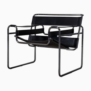 Bauhaus Black Leather Wassily Chair attributed to Marcel Breuer, 1960s