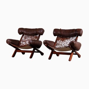 Swedish Easy Chairs with Cowhide by Arne Norell, 1970s, Set of 2
