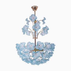 Modernist Hibiscus Bouquet Chandelier in Blue Glass Flowers & Brass, 1970s
