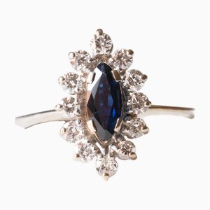 Vintage 18k White Gold Daisy Ring with Sapphire and Diamonds, 1970s